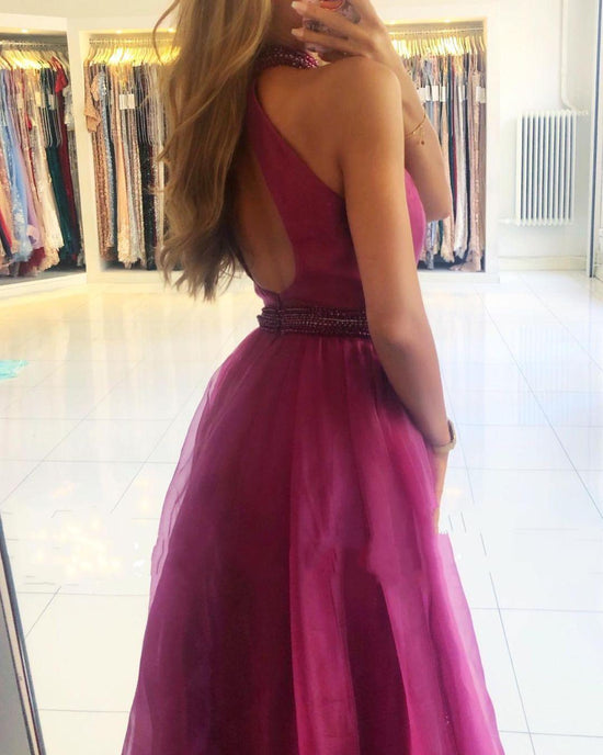 Elegant Long A-Line Halter Tulle Prom Dress With Slit-BIZTUNNEL