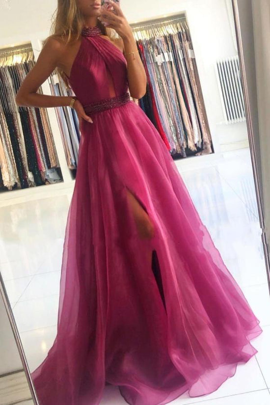 Elegant Long A-Line Halter Tulle Prom Dress With Slit-BIZTUNNEL