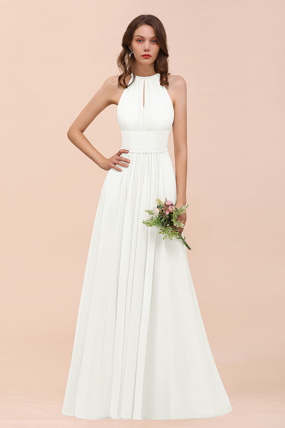 Elegant Long A-Line Jewel Chiffon Champagne Bridesmaid Dress with Ruff BIZTUNNEL Elegant Long A-Line Jewel Chiffon Champagne Bridesmaid Dress with Ruff BIZTUNNEL