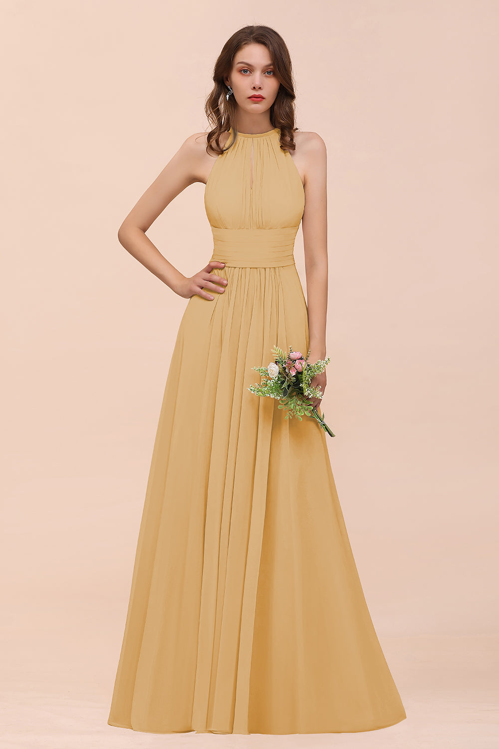 Elegant Long A-Line Jewel Chiffon Champagne Bridesmaid Dress with Ruffle-BIZTUNNEL