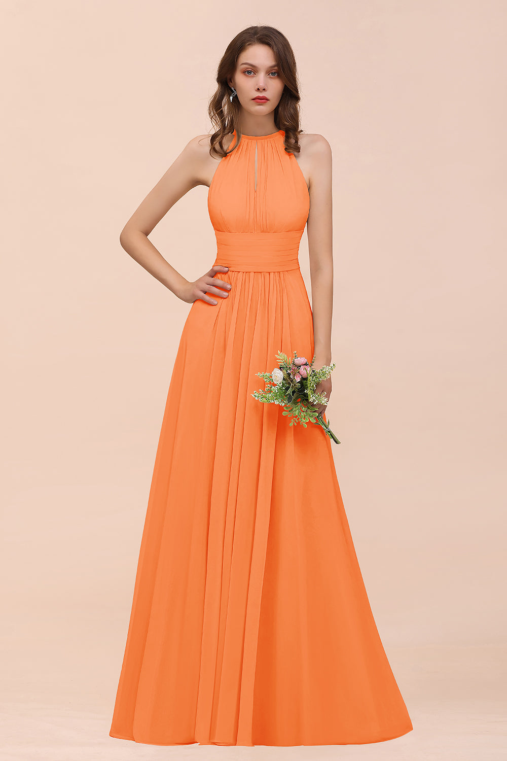 Elegant Long A-Line Jewel Chiffon Champagne Bridesmaid Dress with Ruff BIZTUNNEL Elegant Long A-Line Jewel Chiffon Champagne Bridesmaid Dress with Ruff BIZTUNNEL