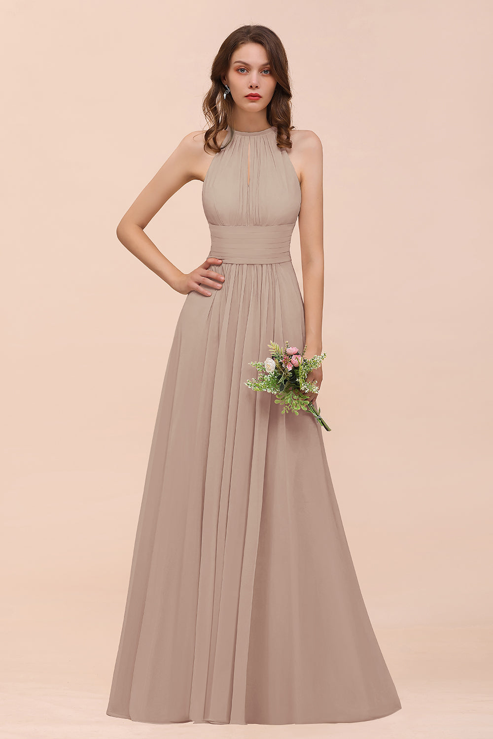 Elegant Long A-Line Jewel Chiffon Champagne Bridesmaid Dress with Ruffle Elegant Long A-Line Jewel Chiffon Champagne Bridesmaid Dress with Ruffle