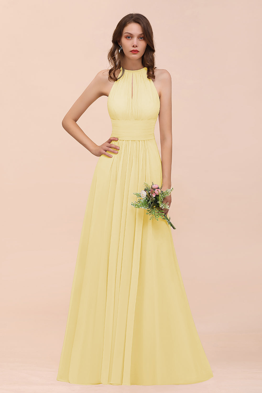Elegant Long A-Line Jewel Chiffon Champagne Bridesmaid Dress with Ruff BIZTUNNEL Elegant Long A-Line Jewel Chiffon Champagne Bridesmaid Dress with Ruff BIZTUNNEL