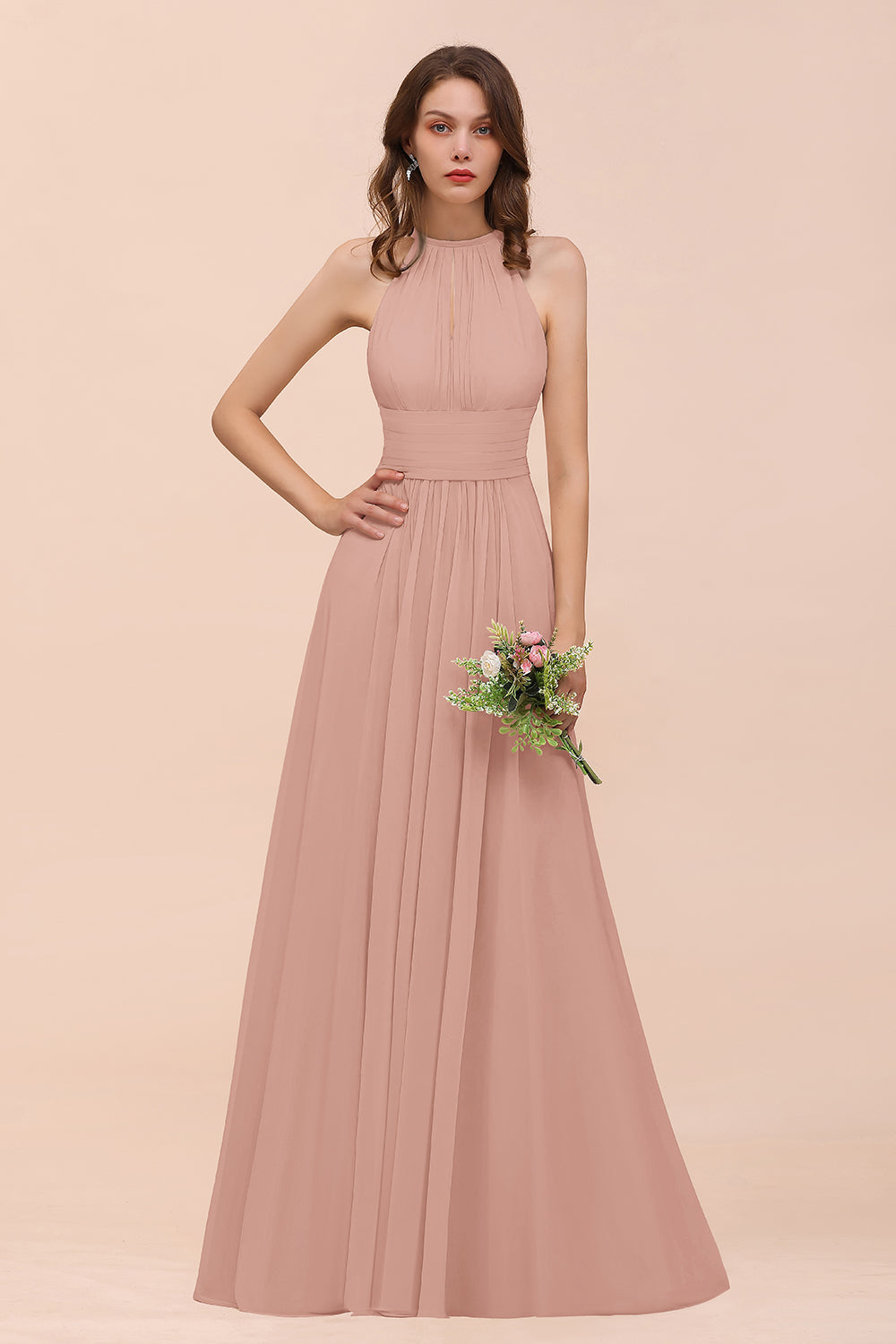 Elegant Long A-Line Jewel Chiffon Champagne Bridesmaid Dress with Ruffle Elegant Long A-Line Jewel Chiffon Champagne Bridesmaid Dress with Ruffle