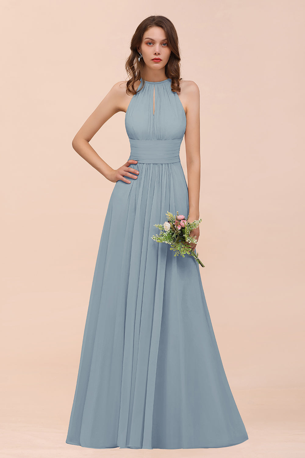 Elegant Long A-Line Jewel Chiffon Champagne Bridesmaid Dress with Ruff BIZTUNNEL Elegant Long A-Line Jewel Chiffon Champagne Bridesmaid Dress with Ruff BIZTUNNEL