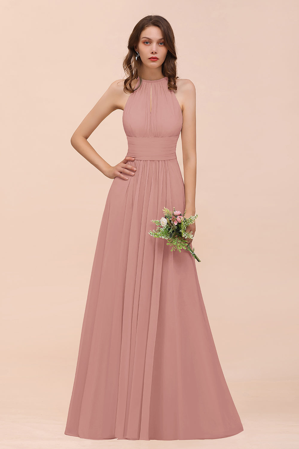 Elegant Long A-Line Jewel Chiffon Champagne Bridesmaid Dress with Ruffle Elegant Long A-Line Jewel Chiffon Champagne Bridesmaid Dress with Ruffle