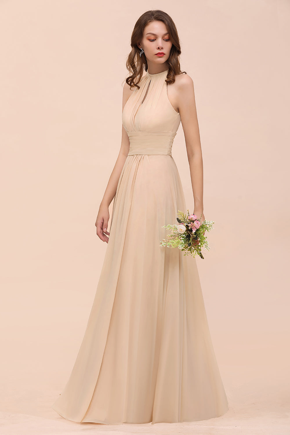 Elegant Long A-Line Jewel Chiffon Champagne Bridesmaid Dress with Ruffle Elegant Long A-Line Jewel Chiffon Champagne Bridesmaid Dress with Ruffle