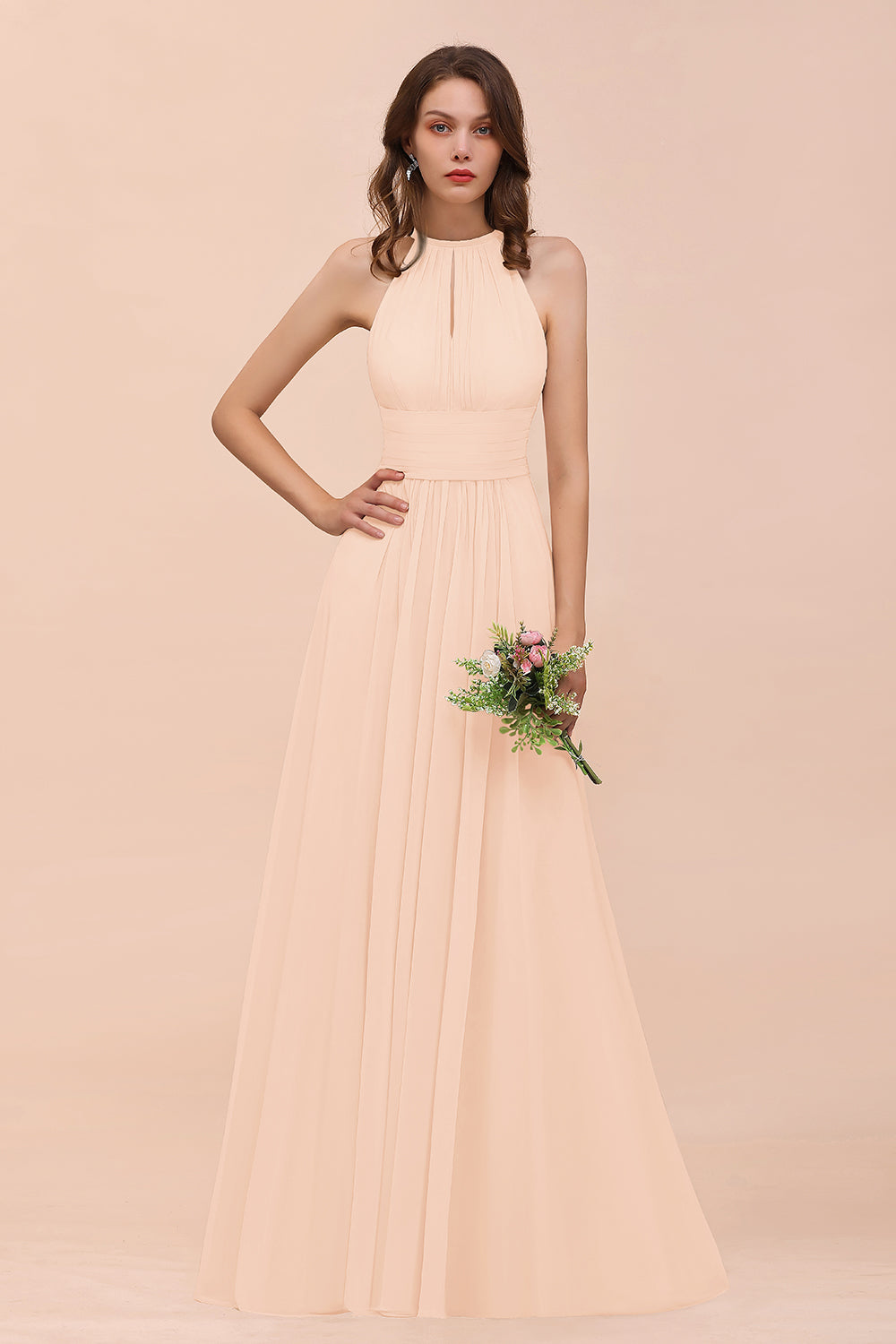 Elegant Long A-Line Jewel Chiffon Champagne Bridesmaid Dress with Ruff – BIZTUNNEL