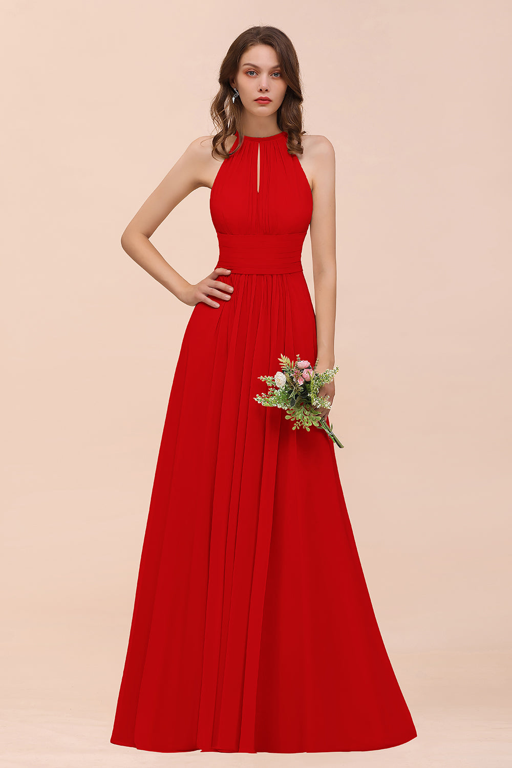 Elegant Long A-Line Jewel Chiffon Champagne Bridesmaid Dress with Ruff – BIZTUNNEL