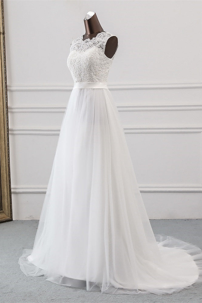 Elegant Long A-line Jewel Tulle Appliques Lace Wedding Dress-BIZTUNNEL