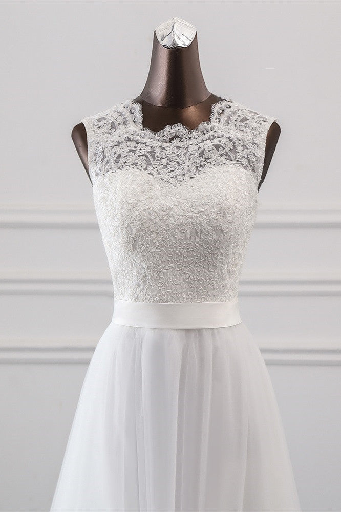 Elegant Long A-line Jewel Tulle Appliques Lace Wedding Dress-BIZTUNNEL