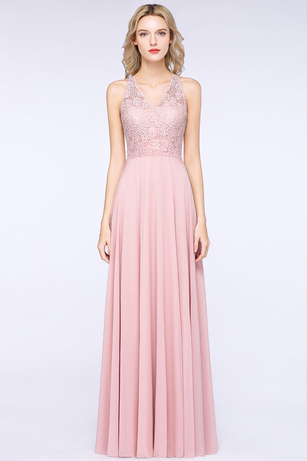 Elegant Long A-line Lace Chiffon Bridesmaid Dress-BIZTUNNEL