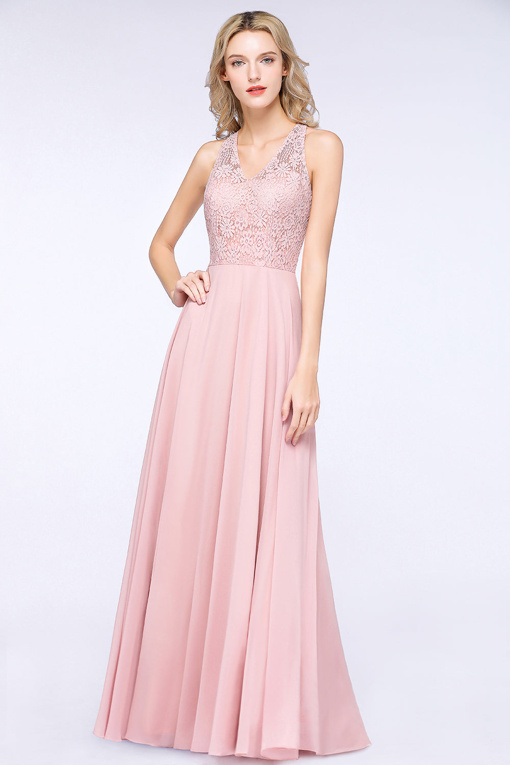 Elegant Long A-line Lace Chiffon Bridesmaid Dress-BIZTUNNEL