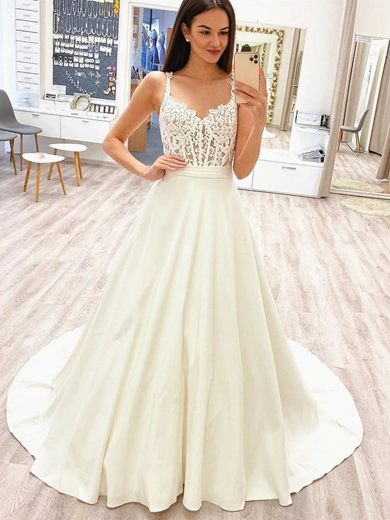 Elegant Long A-line Lace Satin Sleeveless Wedding Dresses-BIZTUNNEL