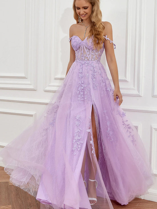 Elegant Long A-line Off The Shoulder Lace Tulle Formal Graduation Prom Dresses with Slit-BIZTUNNEL