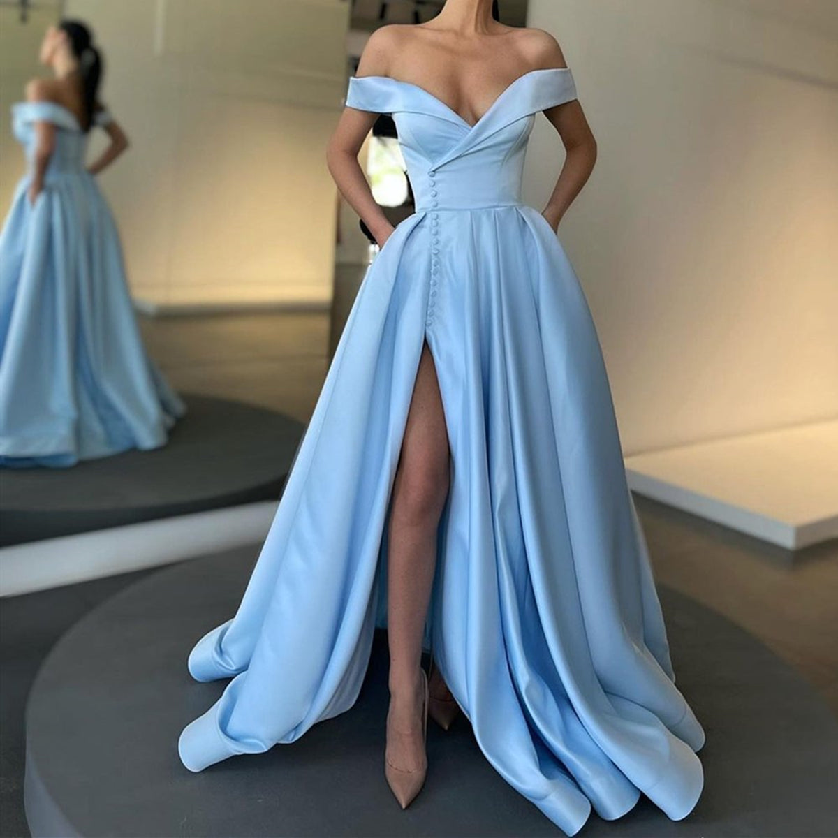 Elegant Long A-line Off the Shoulder Satin Formal Prom Dresses with Slit-BIZTUNNEL