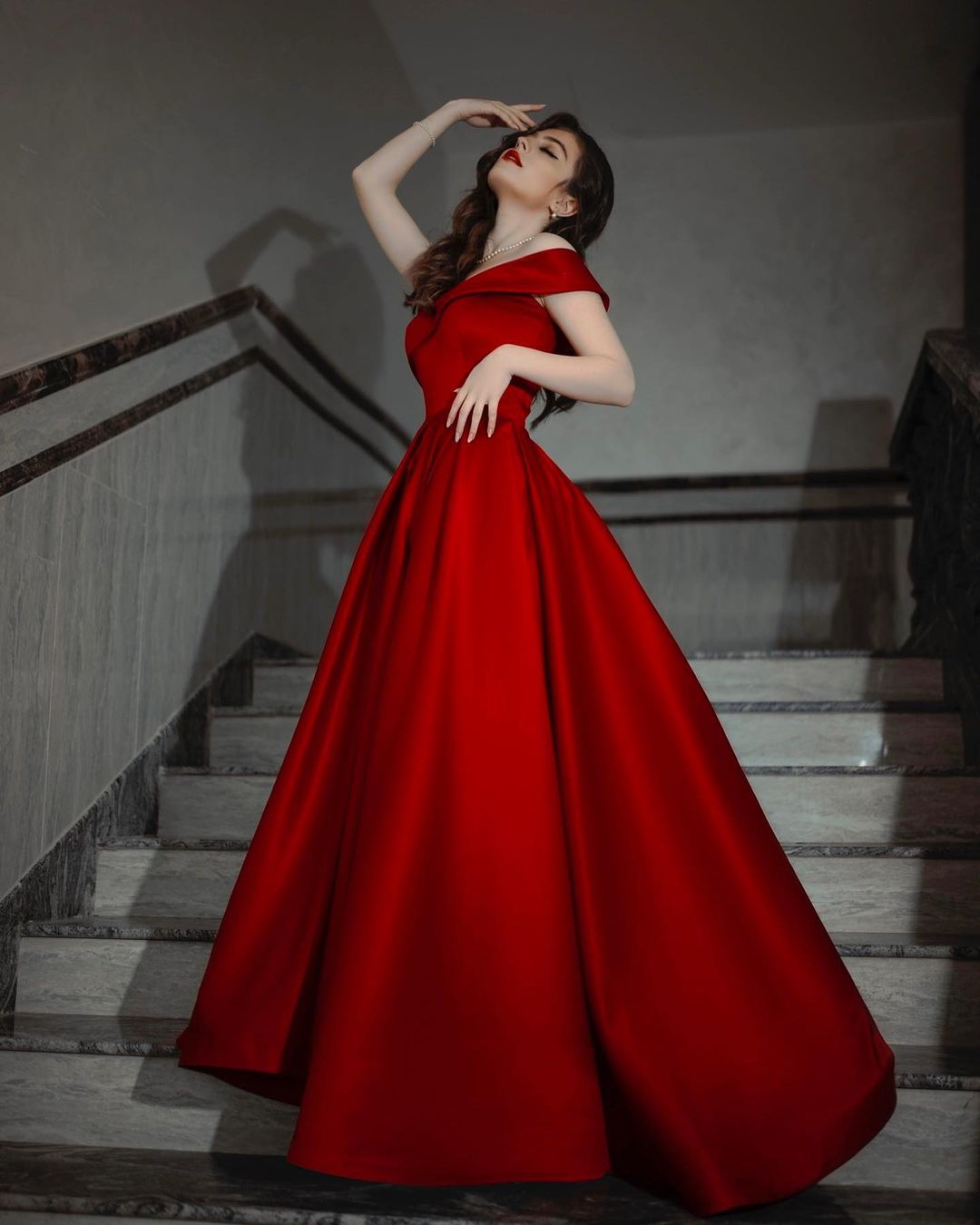 Elegant Long A-line Off-the-shoulder Satin Red Prom Dress-BIZTUNNEL