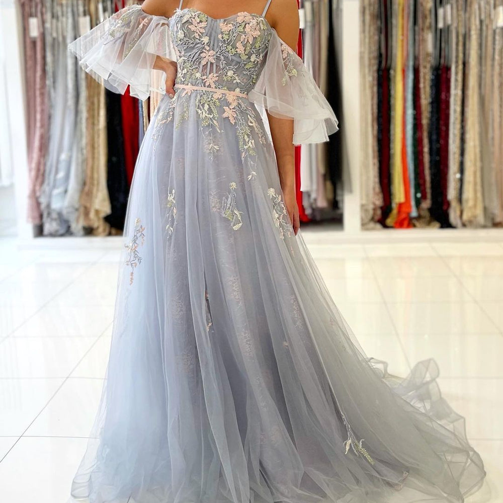 Elegant Long A-line Off the Shoulder Tulle Formal Prom Dress with Slee BIZTUNNEL Elegant Long A-line Off the Shoulder Tulle Formal Prom Dress with Slee BIZTUNNEL