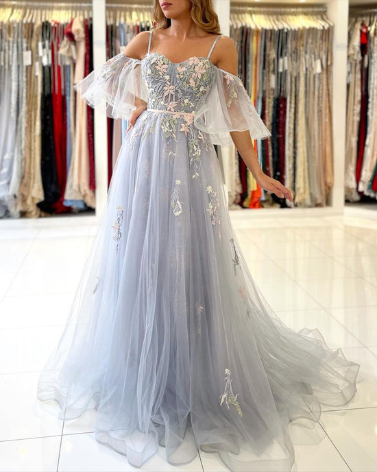 Elegant Long A-line Off the Shoulder Tulle Formal Prom Dress with Sleeves-BIZTUNNEL