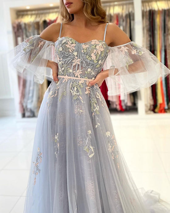 Elegant Long A-line Off the Shoulder Tulle Formal Prom Dress with Sleeves-BIZTUNNEL