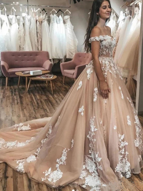 Elegant Long A-line Off the Shoulder Tulle Lace Graduation Prom Dresses-BIZTUNNEL