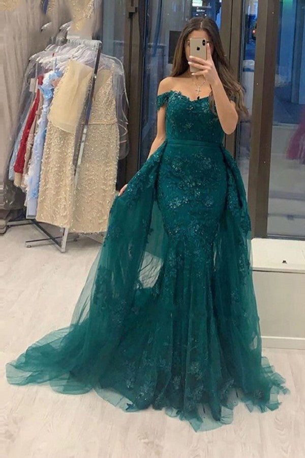 Elegant Long A-line Off-the-shoulder Tulle Lace Prom Dress-BIZTUNNEL