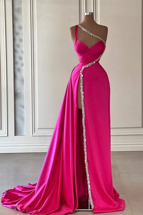 Elegant Long A-line One Shoulder Sweetheart Sleeveless Satin Prom Dress With Slit-BIZTUNNEL