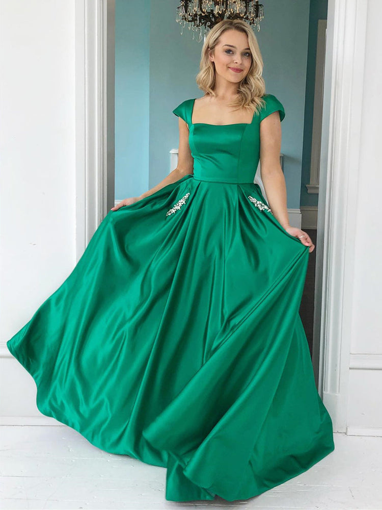 Elegant Long A-line Satin Cap Sleeves Graduation Prom Dresses with Pockets Elegant Long A-line Satin Cap Sleeves Graduation Prom Dresses with Pockets