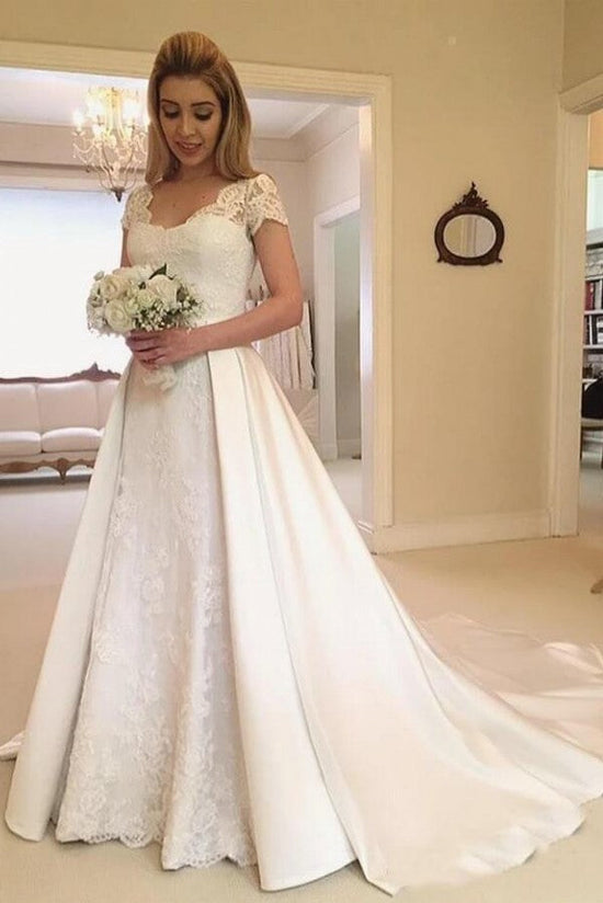 Carregar imagem no visualizador da galeria, Elegant Long A-line Satin Lace Wedding Dress with Sleeves-BIZTUNNEL
