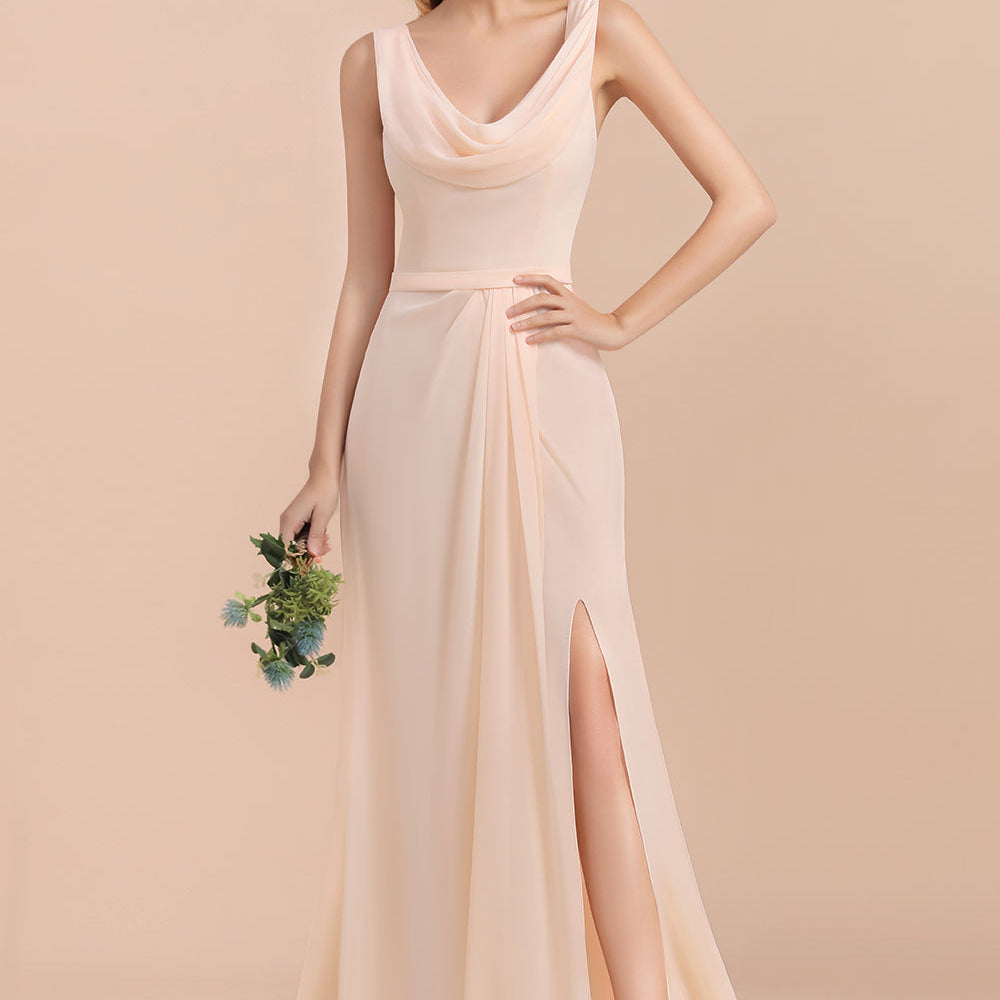 Elegant Long A-line Scoop Neck Chiffon Backless Bridesmaid Dress With Slit