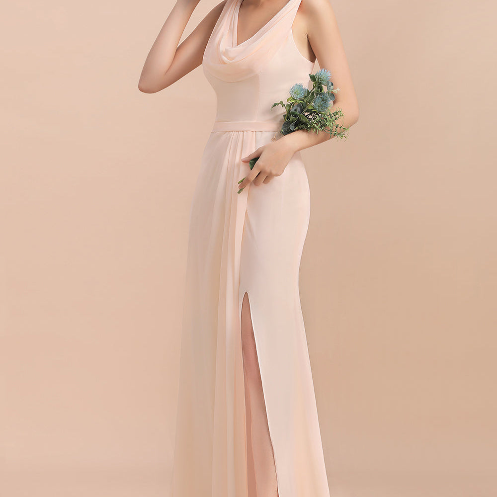 scoop backless dress Elegant Long A-line Scoop Neck Chiffon Backless Bridesmaid Dress With Slit