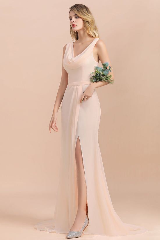 Elegant Long A-line Scoop Neck Chiffon Backless Bridesmaid Dress With Slit-BIZTUNNEL