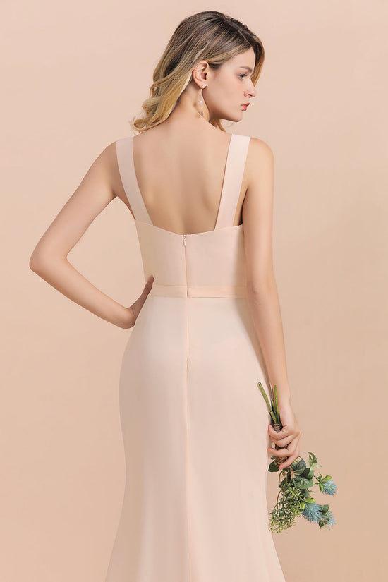 Elegant Long A-line Scoop Neck Chiffon Backless Bridesmaid Dress With Slit-BIZTUNNEL