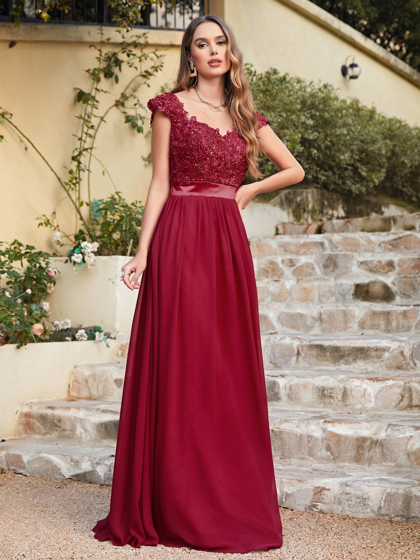 Elegant Long A line Scoop Neck Chiffon Floor Length Dress Lace Bridesm BIZTUNNEL Elegant Long A line Scoop Neck Chiffon Floor Length Dress Lace Bridesm BIZTUNNEL