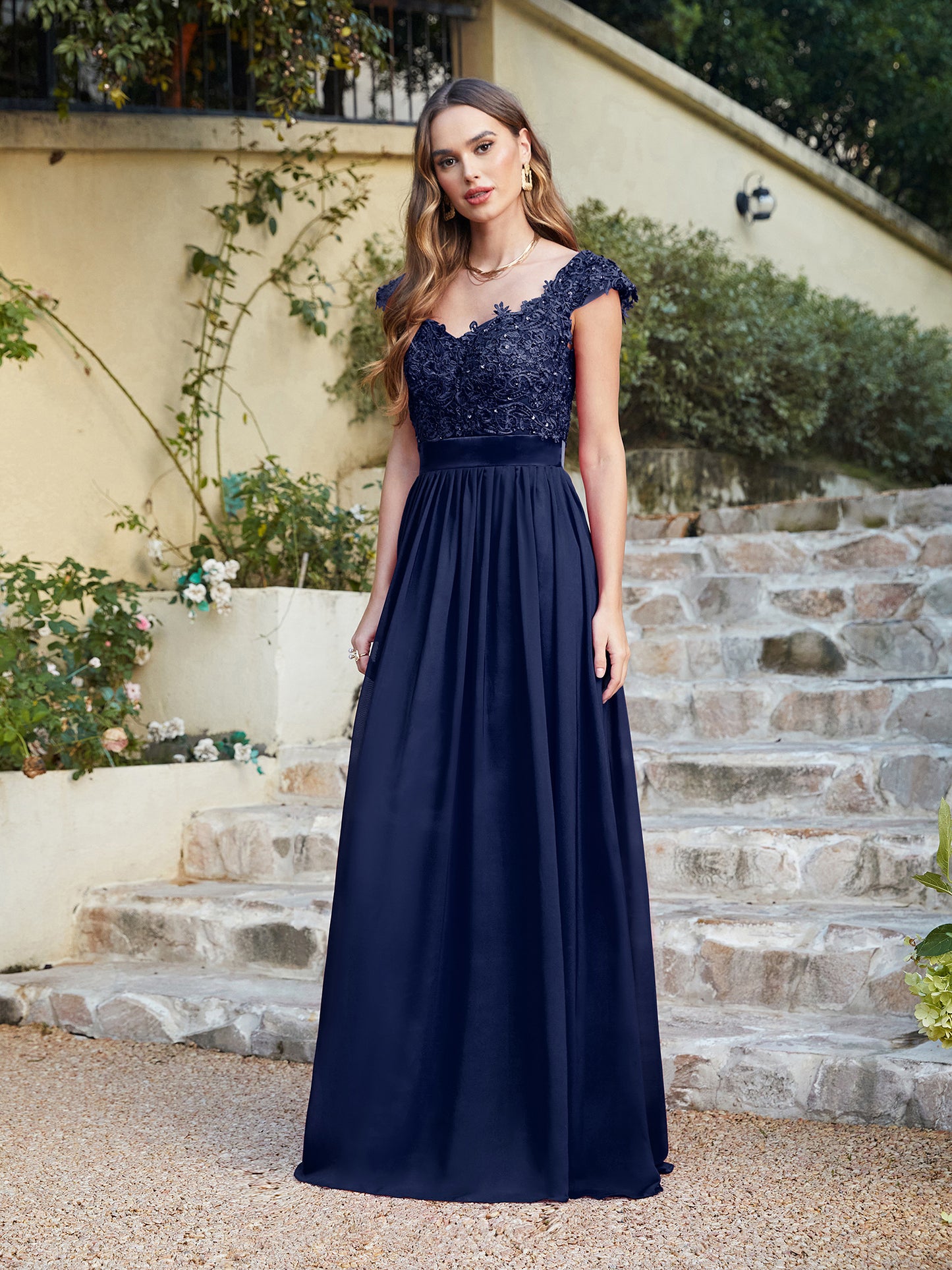 Elegant Long A line Scoop Neck Chiffon Floor Length Dress Lace Bridesm BIZTUNNEL Elegant Long A line Scoop Neck Chiffon Floor Length Dress Lace Bridesm BIZTUNNEL