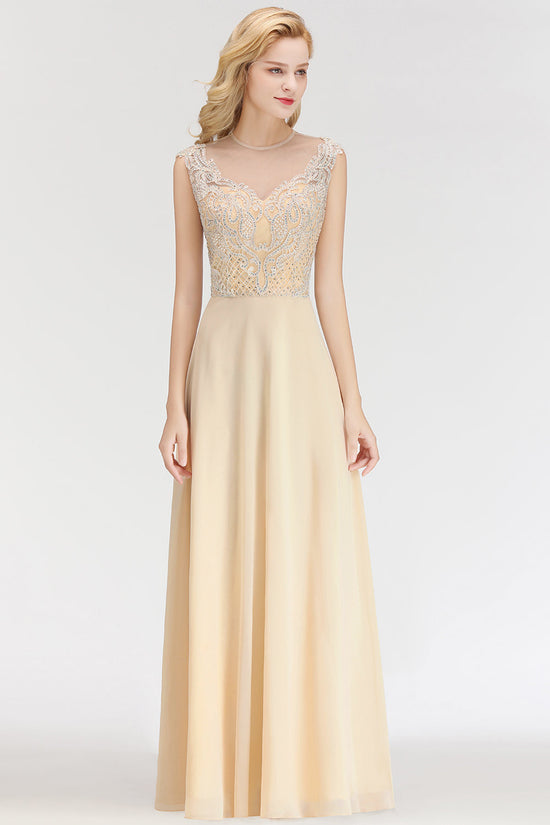 Elegant Long A-Line Sleeveless Crystal Jewel Champagne Bridesmaid Dress-BIZTUNNEL