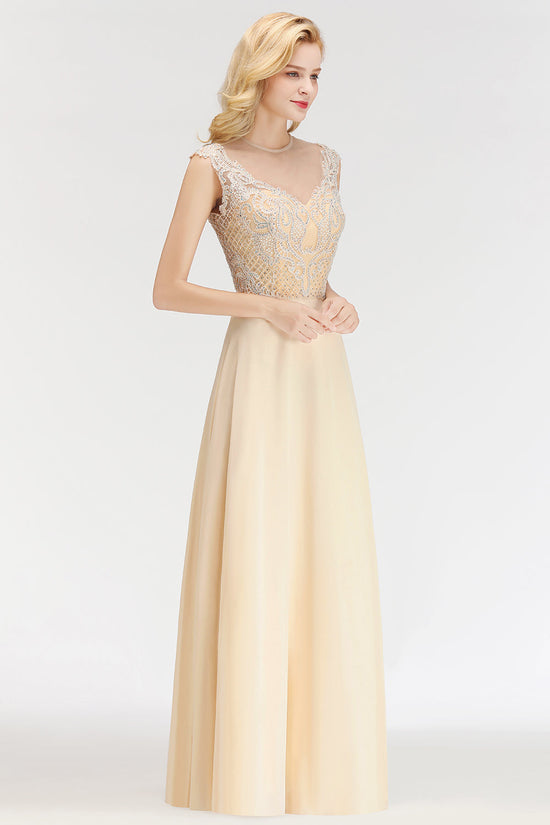 Elegant Long A-Line Sleeveless Crystal Jewel Champagne Bridesmaid Dress-BIZTUNNEL