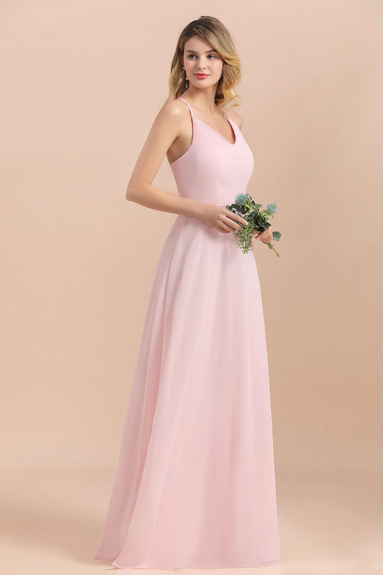Load image into Gallery viewer, Elegant Long A-line Spaghetti Straps Chiffon Pink Bridesmaid Dress-BIZTUNNEL
