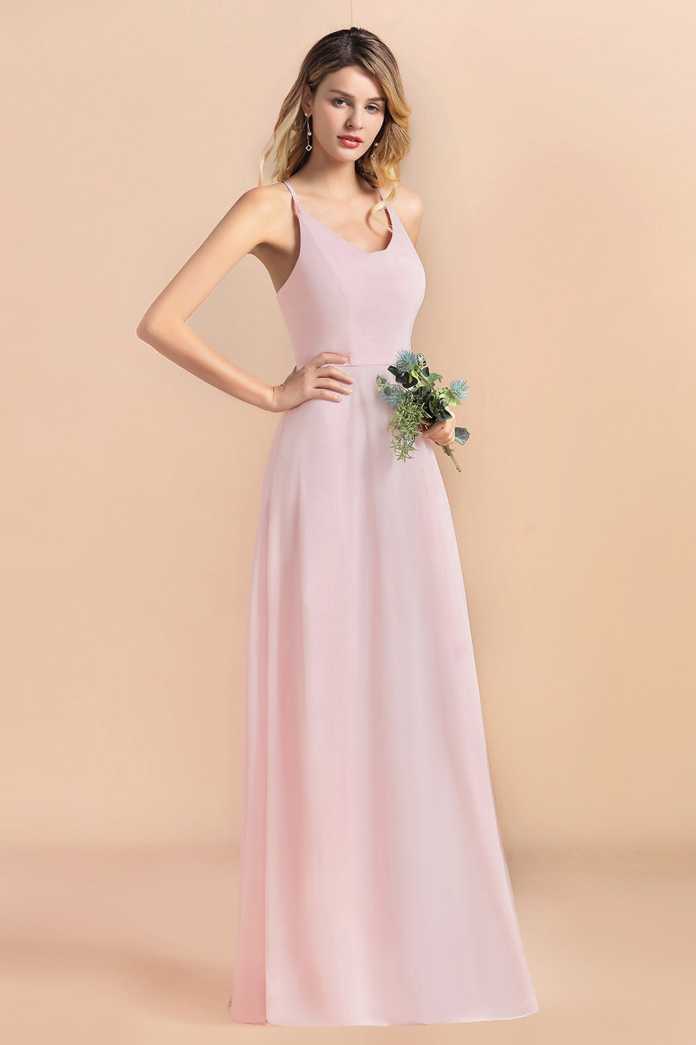 Load image into Gallery viewer, Elegant Long A-line Spaghetti Straps Chiffon Pink Bridesmaid Dress-BIZTUNNEL

