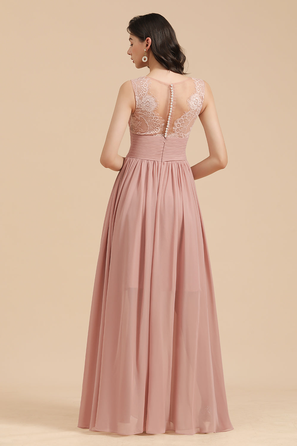 Elegant Long A-line Straps Lace Chiffon Dusty Rose Bridesmaid Dress-BIZTUNNEL