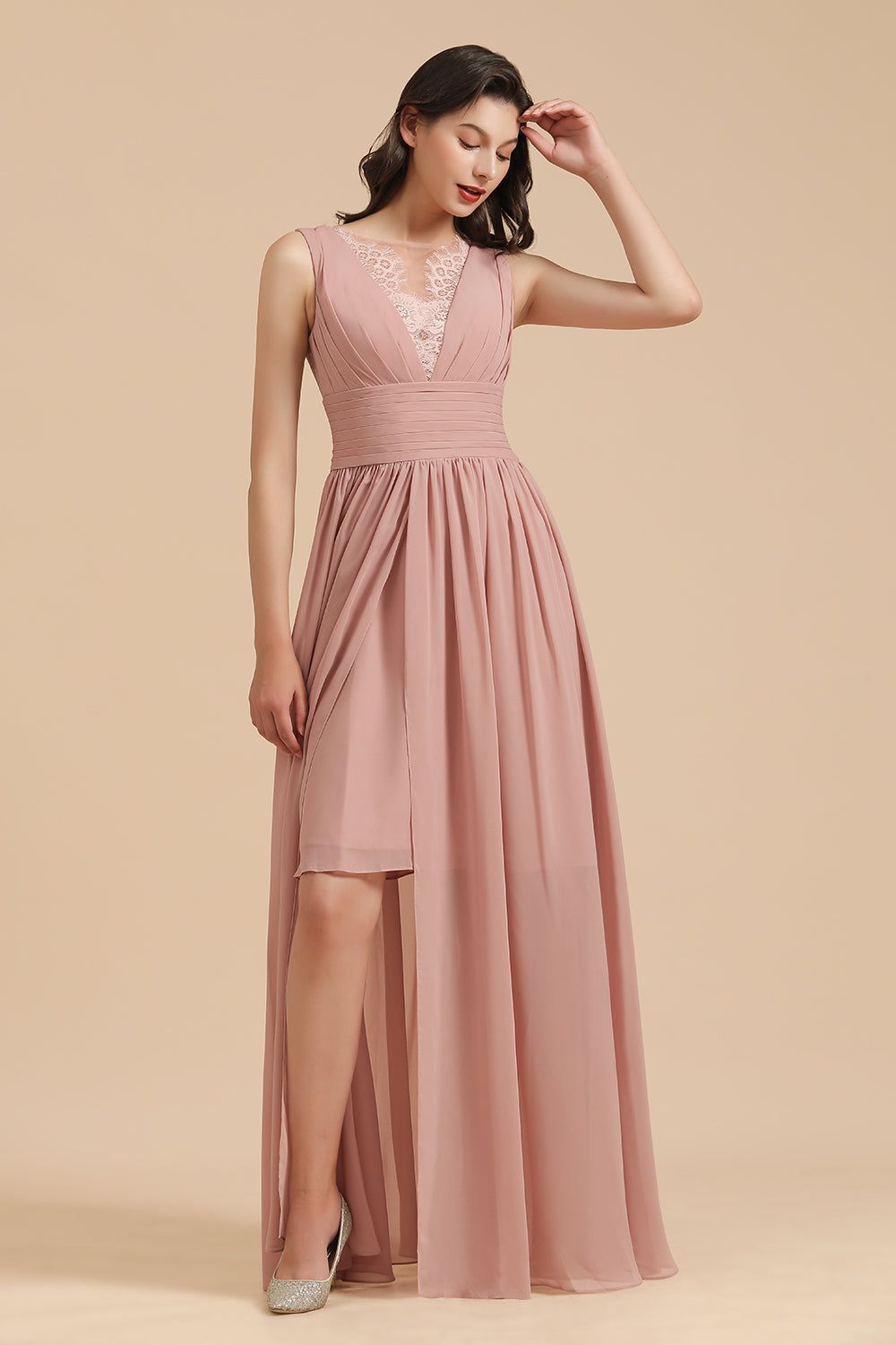 Elegant Long A-line Straps Lace Chiffon Dusty Rose Bridesmaid Dress Elegant Long A-line Straps Lace Chiffon Dusty Rose Bridesmaid Dress