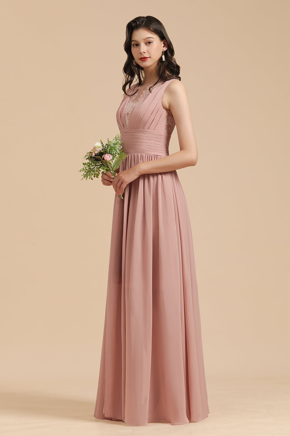 Elegant Long A-Line Straps Lace Chiffon Dusty Rose Bridesmaid Dress Elegant Long A-Line Straps Lace Chiffon Dusty Rose Bridesmaid Dress