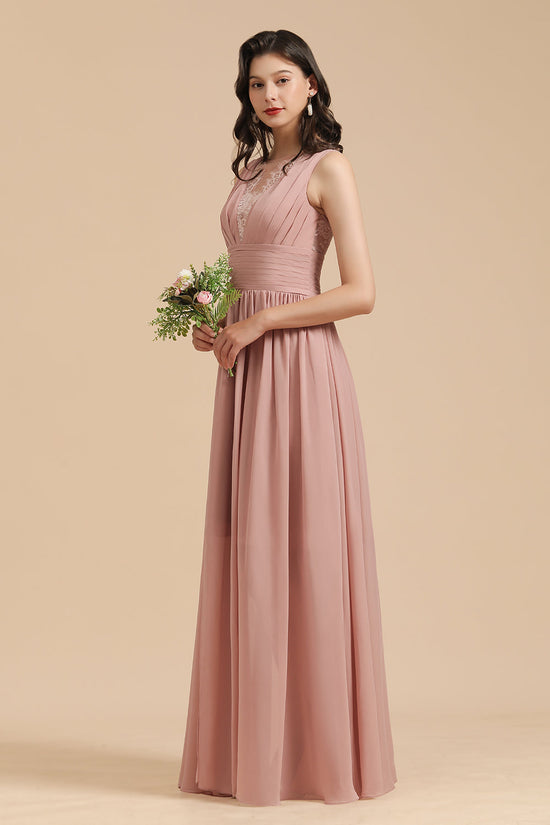 Elegant Long A-line Straps Lace Chiffon Dusty Rose Bridesmaid Dress-BIZTUNNEL