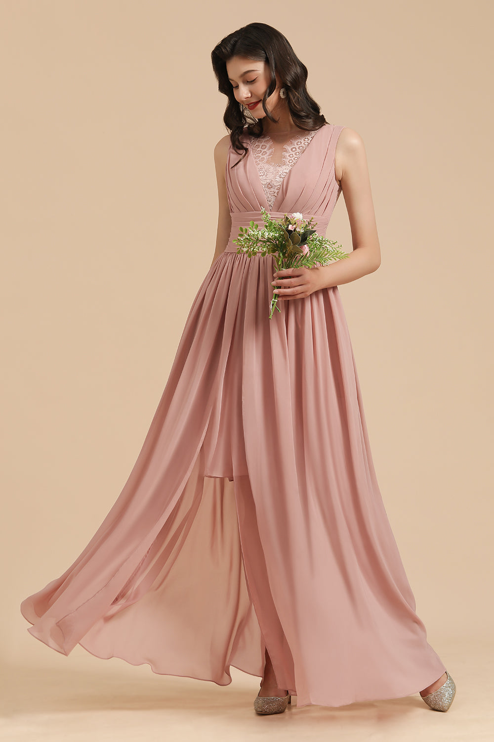Elegant Long A-line Straps Lace Chiffon Dusty Rose Bridesmaid Dress Elegant Long A-line Straps Lace Chiffon Dusty Rose Bridesmaid Dress