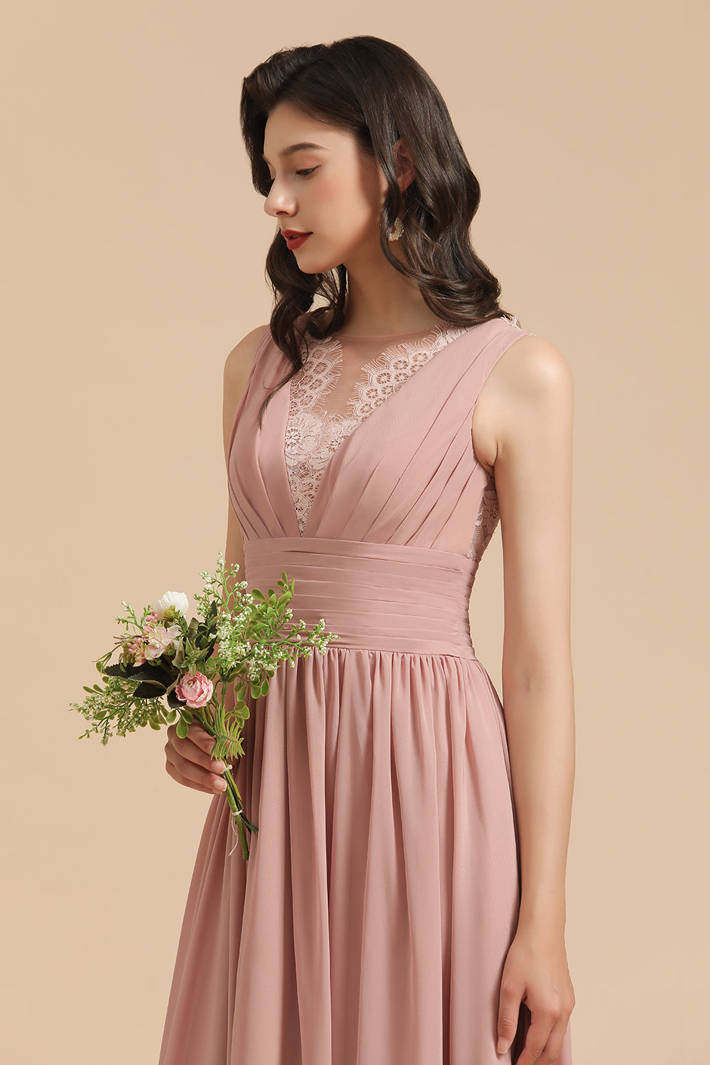 Elegant Long A-line Straps Lace Chiffon Dusty Rose Bridesmaid Dress Elegant Long A-line Straps Lace Chiffon Dusty Rose Bridesmaid Dress