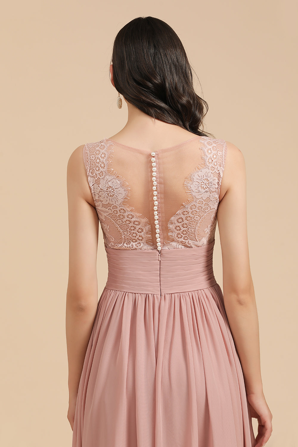 Elegant Long A-line Straps Lace Chiffon Dusty Rose Bridesmaid Dress Elegant Long A-line Straps Lace Chiffon Dusty Rose Bridesmaid Dress