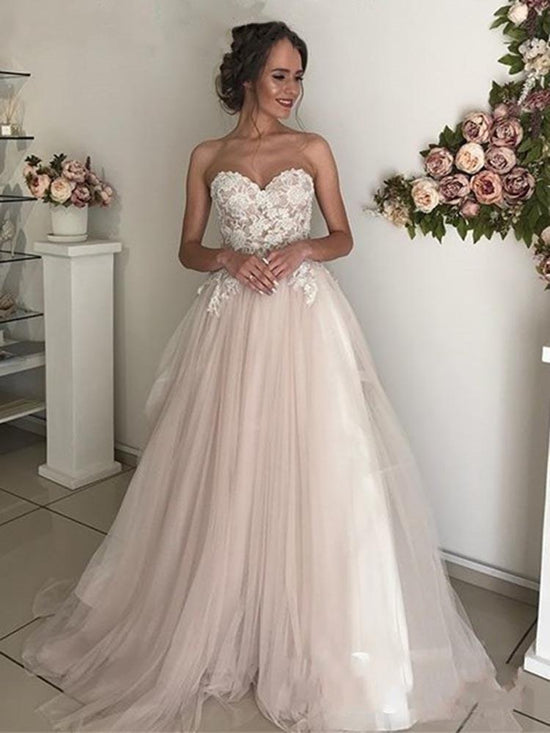 Elegant Long A-Line Sweethart Tulle Lace Wedding Dresses-BIZTUNNEL