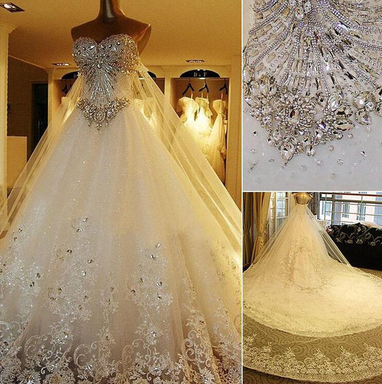 Charger l&amp;#39;image dans la galerie, Elegant Long A Line Sweetheart Appliques Crystal Beading Wedding Dress-BIZTUNNEL
