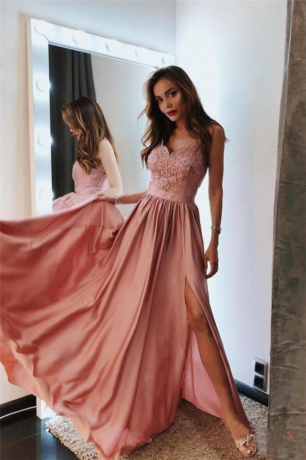 Elegant Long A-line Sweetheart Appliques Lace Prom Dress with Slit-BIZTUNNEL