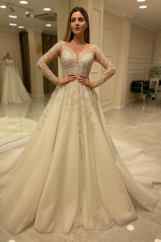 Carregar imagem no visualizador da galeria, Elegant Long A-line Sweetheart Lace Appliques Wedding Dress with Sleeves-BIZTUNNEL
